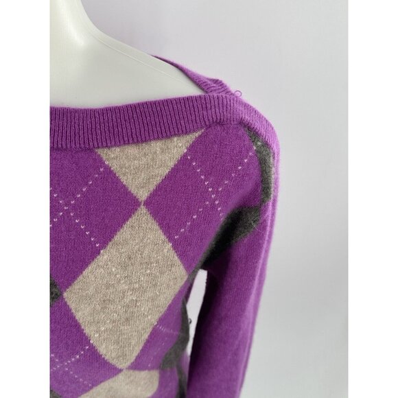 Banana Republic Cashmere Sweater Purple Gray Argyle Boat Neck Medium - Picture 3 of 9